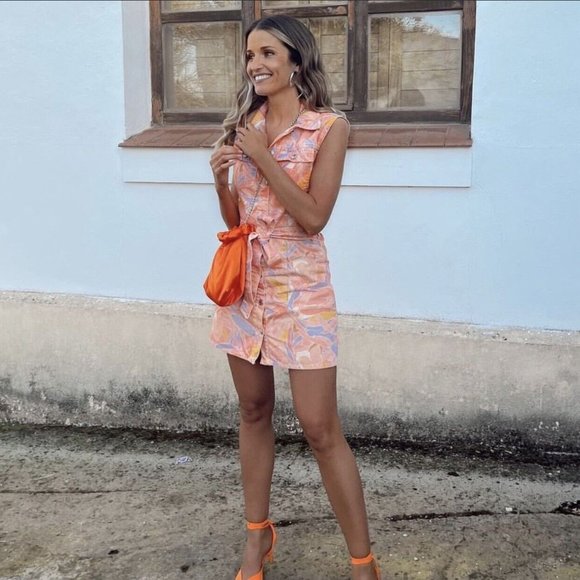 ZARA Denim Printed Floral Peach Belted Dress 6840/262/623 - XL - NEW - Picture 3 of 5